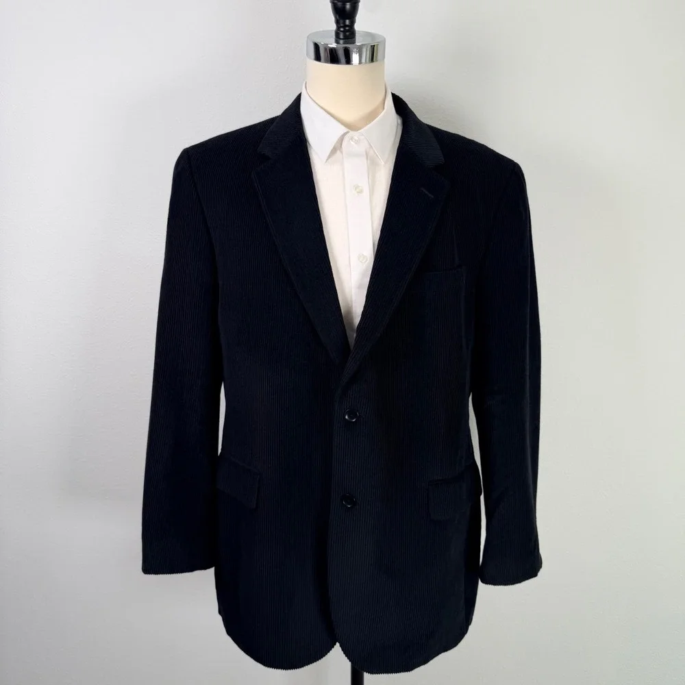 Jos A Bank Mens 46L Corduroy Blazer Sport Coat Black Wool Silk Blend 2 Button